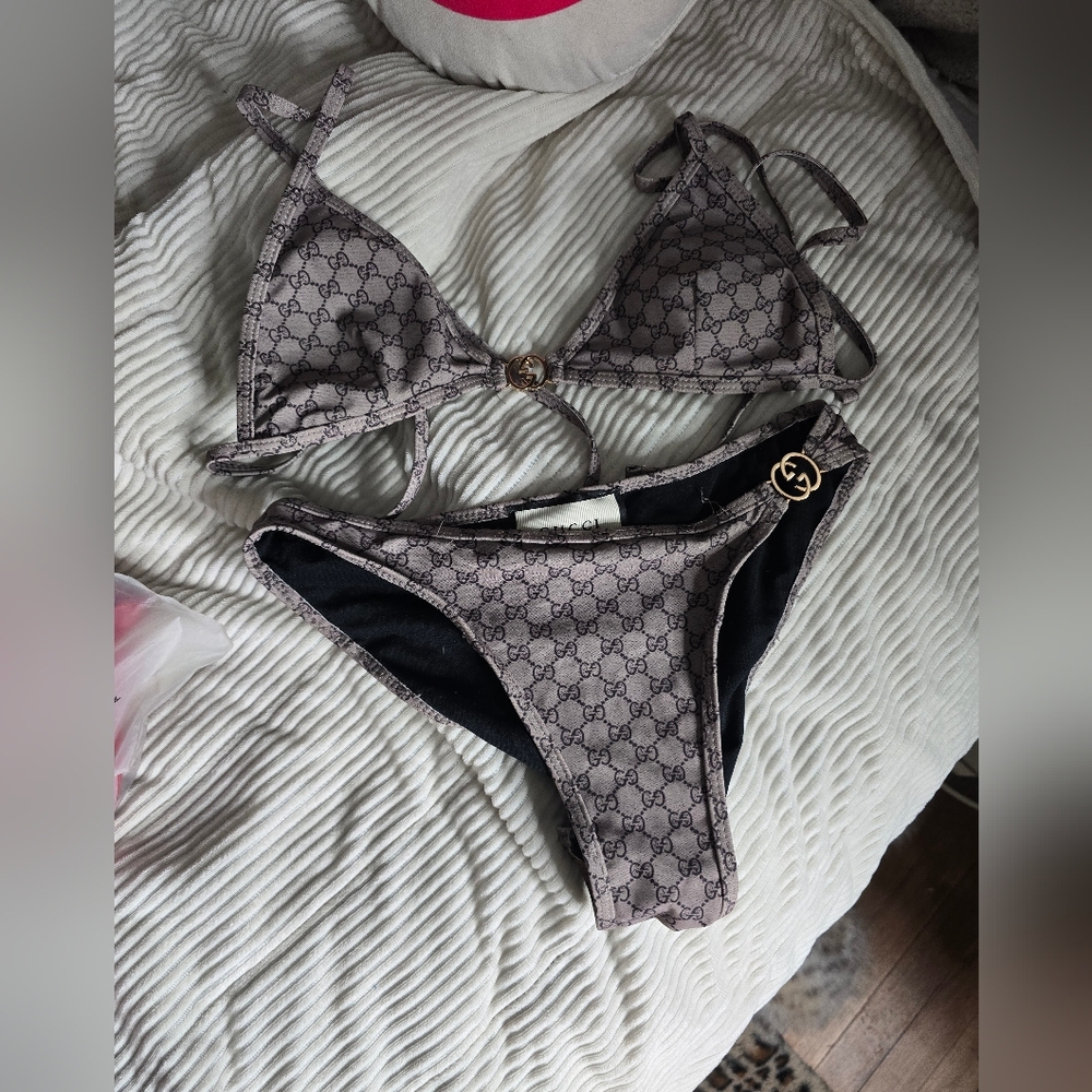 Gucci Brown/Black GG Monogram Triangle Bikini Set